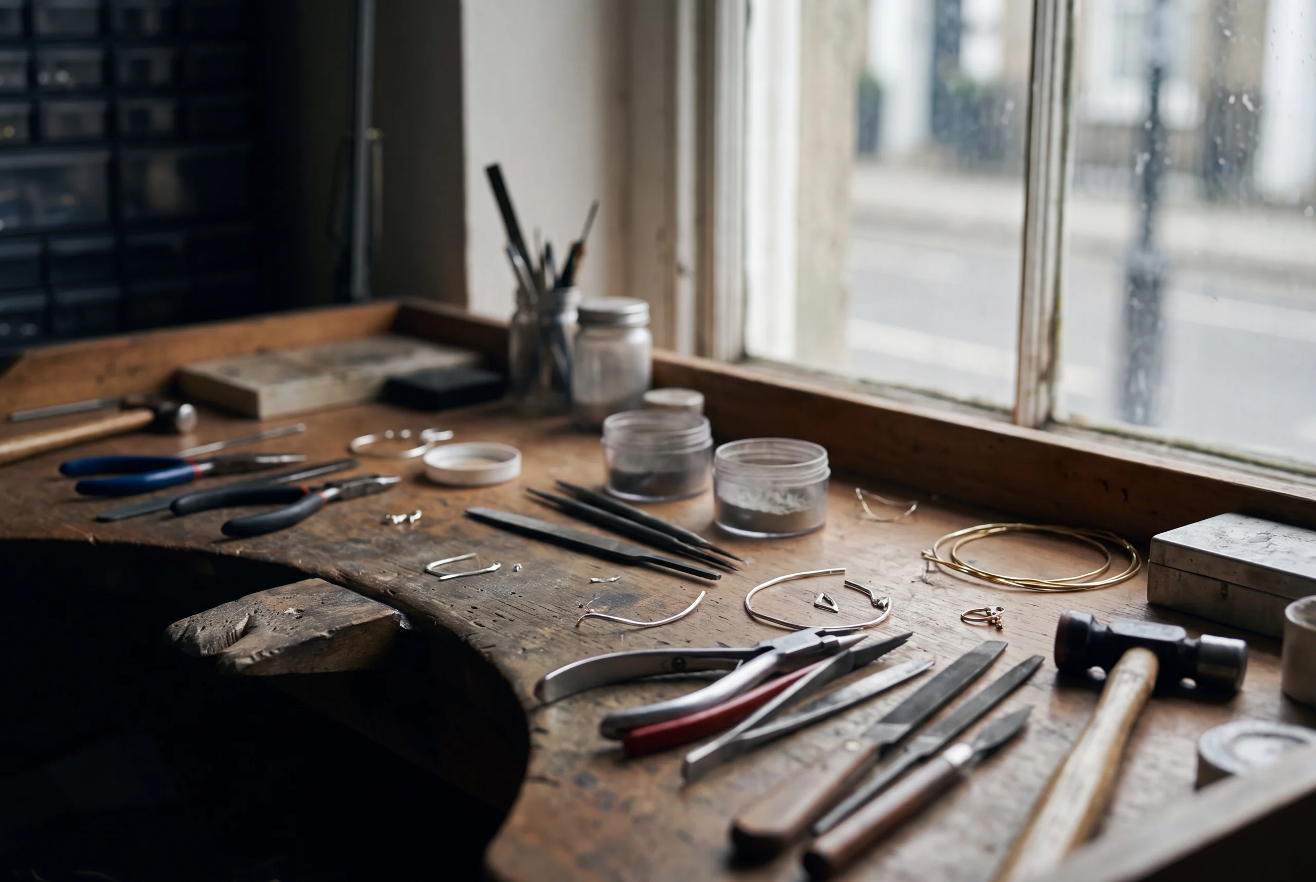 L'établi de l'atelier MILLE 618 à Paris, limes et outils devant la fenêtre