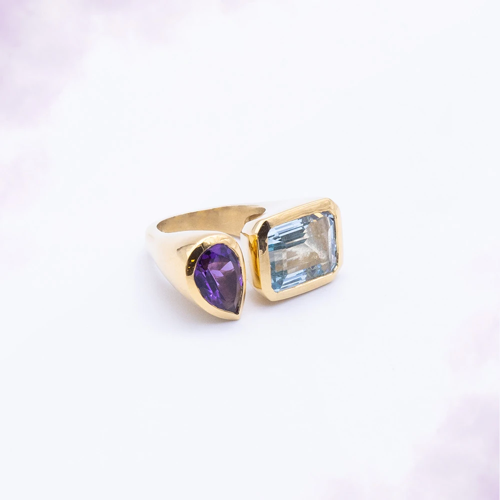 Duo Améthyste & Ciel, toi & moi or jaune, pièce unique MILLE 618 N° 012 — photo d'atelier d'origine