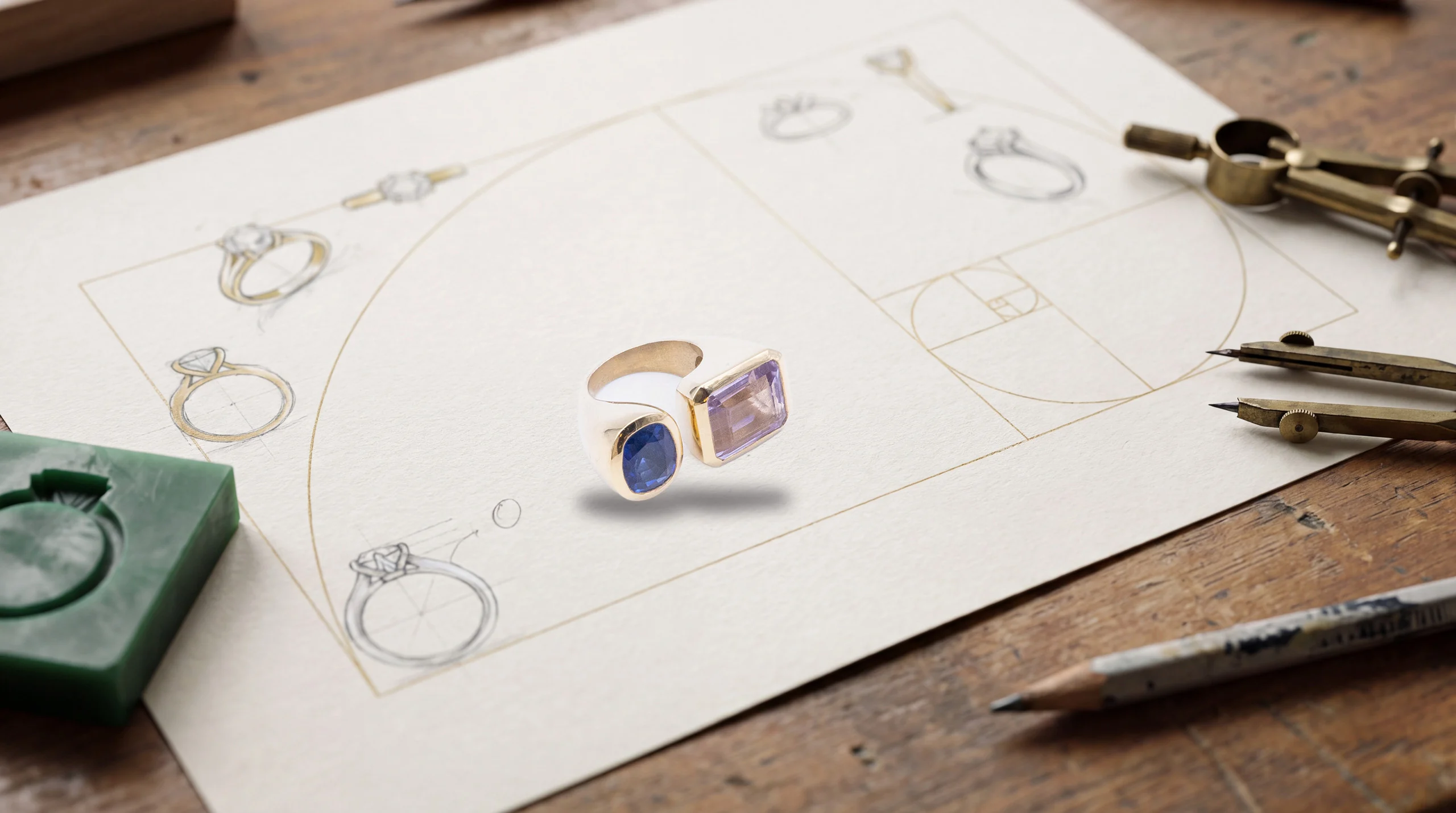 Croquis d'une bague Duo construit sur le nombre d'or, à l'établi de l'atelier MILLE 618